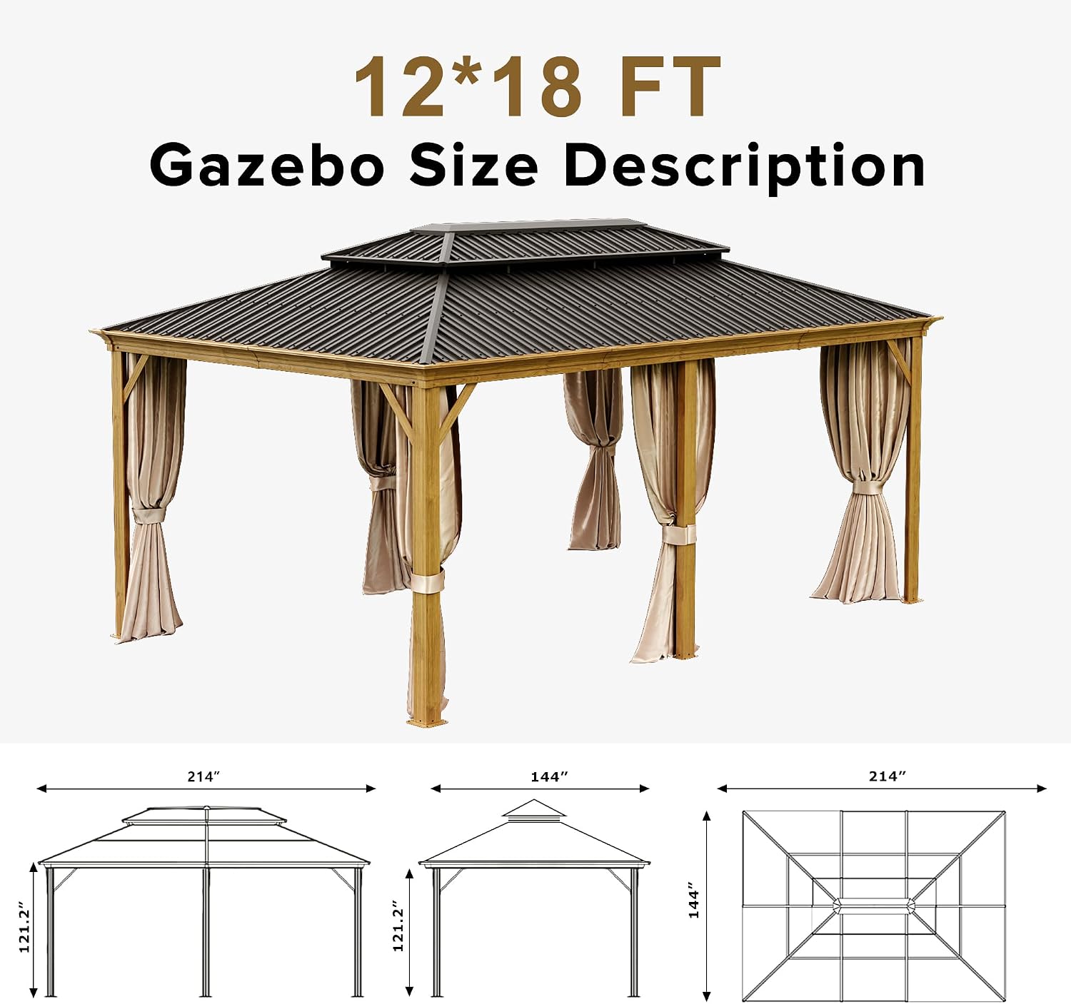 12x18ft Hardtop Gazebo, Wooden Finish Coated Aluminum Frame Canopy with Galvanized Steel Double Roof, Outdoor Permanent Metal Pavilion with Curtains & Netting for Garden, Brown (Wooden 12x18 Ft)