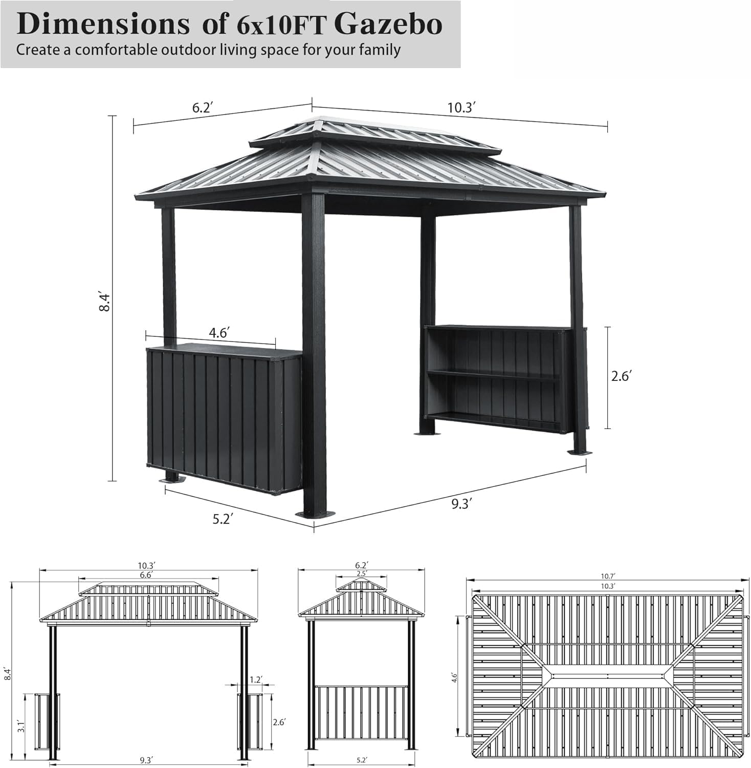 Aluminum Grill Gazebo with Double Roof & Shelves - Permanent Hardtop BBQ Shelter for Patio, Deck, Backyard, Outdoor Cooking,Flame (Gray, 6'x10' Classic Roof)
