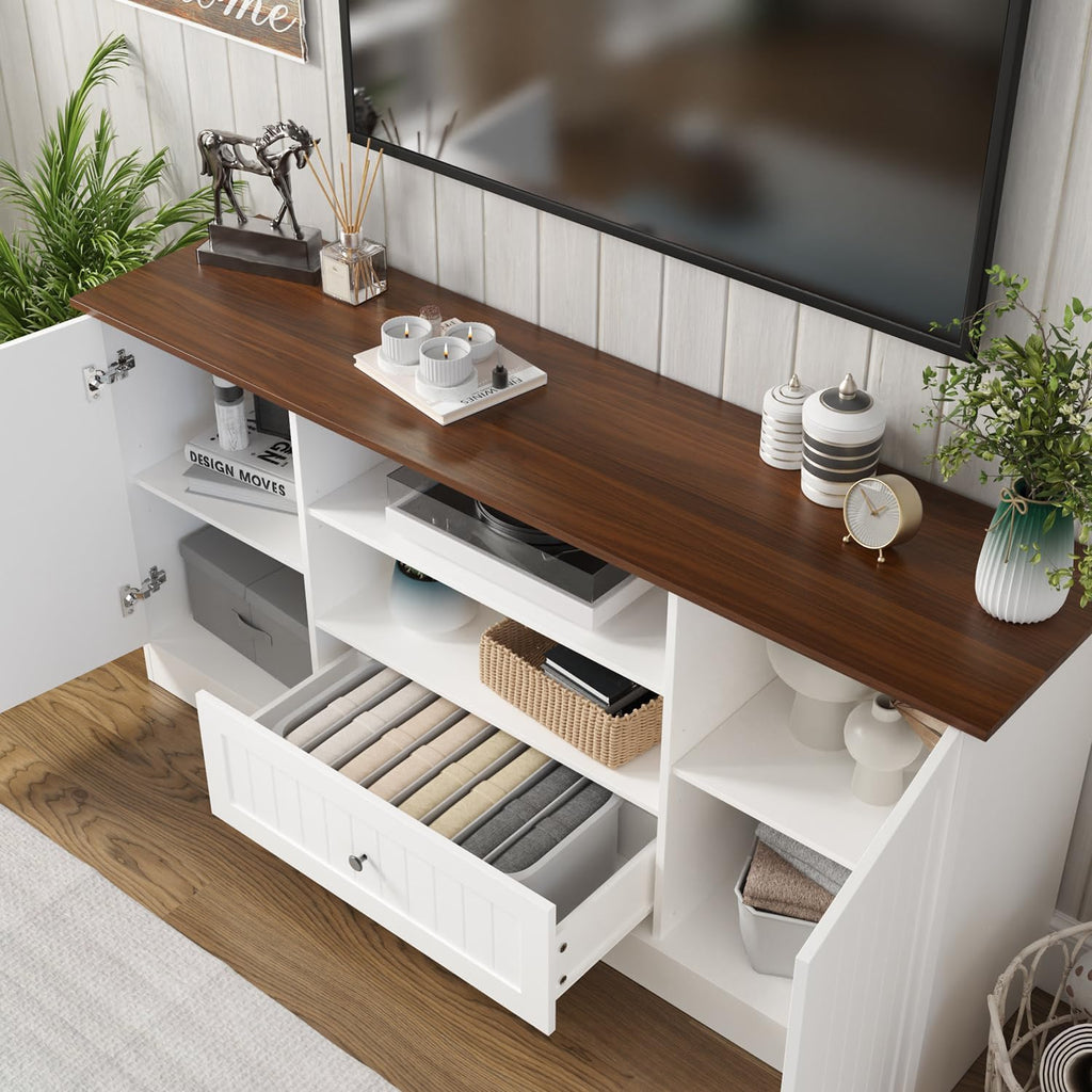 Furnify 63 in Farmhouse TV Stand for TVs up to 70 Inch, Modern Entertainment Center with Storage Drawer and Open Shelves, Shaker Door TV Console Media Cabinet for Living Room, Bedroom, White
