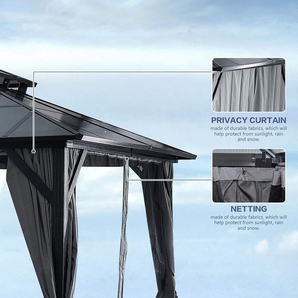 10x13ft Outdoor Hardtop Gazebo with Netting and Curtains, Heavy-Duty Galvanized Aluminum Frame Gazebo with 2-Tier Waterproof Polycarbonate Roof for Patio, Backyard, Deck and Lawns, Black