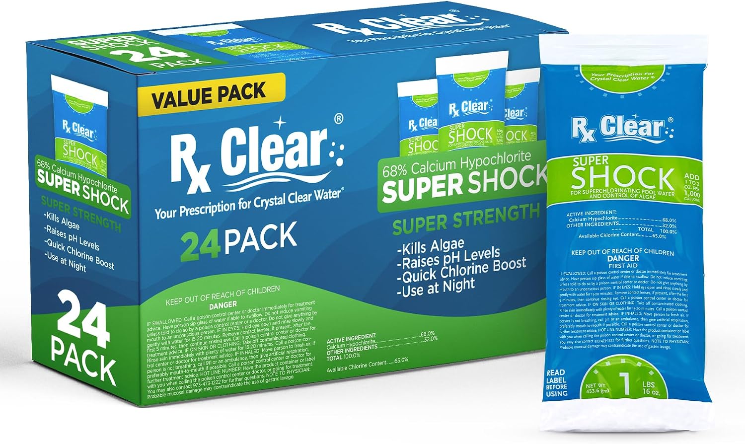 Rx Clear Super Shock for Swimming Pools | 68% Calcium Hypochlorite Shock | Chlorinator and Algaecide | Kill Pool Algae for a Crystal Clear Pool | One Pound Bags | 24 Pack