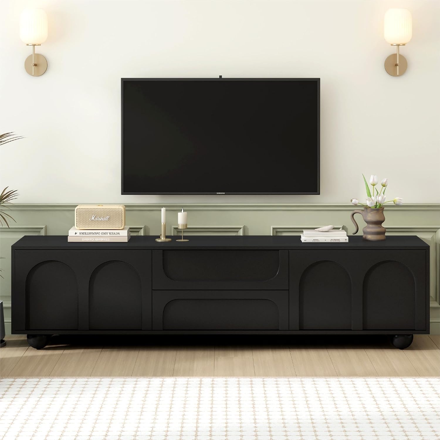 Cream Style TV Stand with Arched Doors & 2 Drawers for TVs up to 75', Minimalist Media Console with Rebound Device, Entertainment Center with 5 Iron Round Legs for Living Room, Bedroom, Black