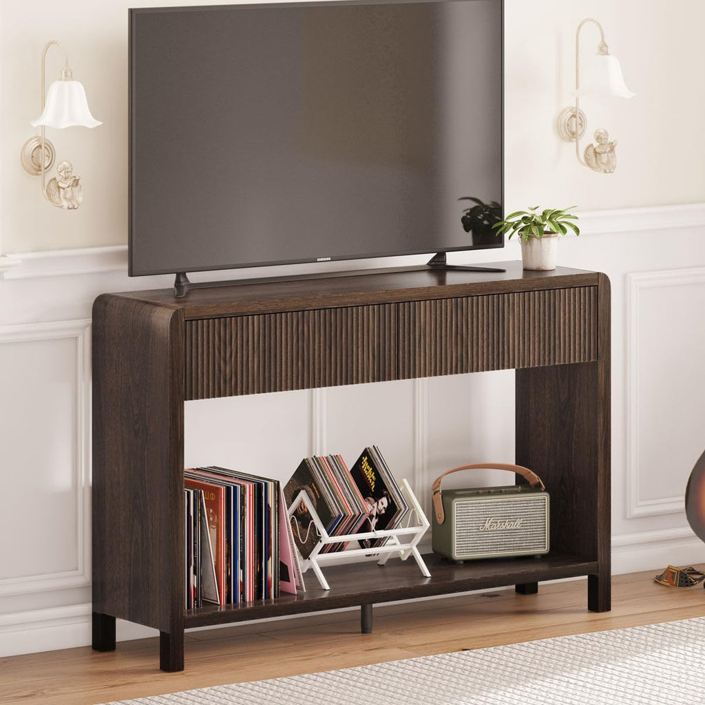 FATORRI Console Sofa Table with 2 Drawers, Wood Couch Table Behind Sofa, Farmhouse Entryway Tables for Hallway Storage (47.2 inch, Dark Walnut)