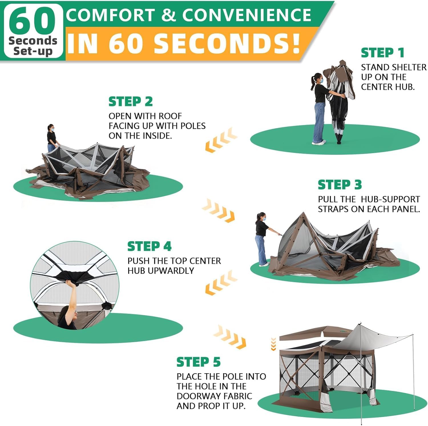 COBIZI Pop Up Gazebo Screen Tent Screen House for Camping, 12x12 Screen Room with Mosquito Netting, Hub Tent Instant Screened Canopy with Carrying Bag and Ground Stakes, Brown