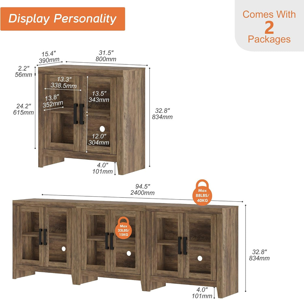 WAMPAT Farmhouse TV Stand for TVs up to 85', Rustic Wood Entertainment Center with Adjustable Shelf, Glass Doors & Storage, Media Console Cabinet for Living-Room, Bedroom, Brown