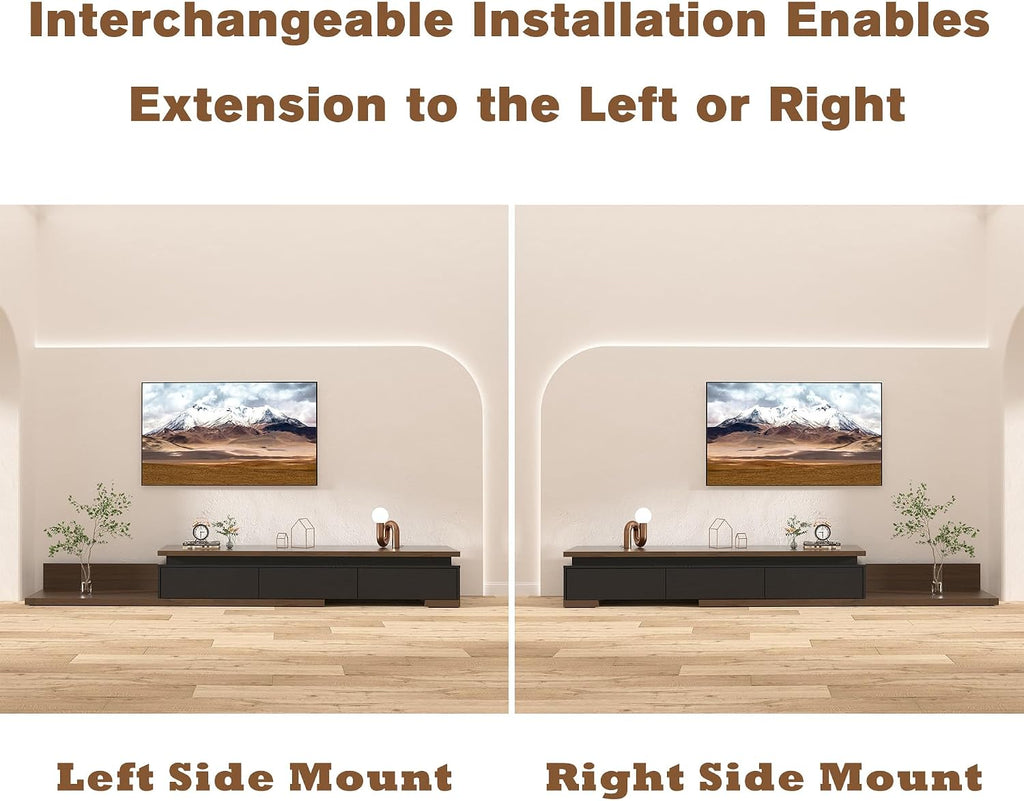 Betterhood Extendable TV Stand with LED Lights (80' - 106'), Wood Entertainment Center for Up to 120' TV, Modern Reversible TV Console with Three Drawers, Living Room, Bedroom, Black & Walnut