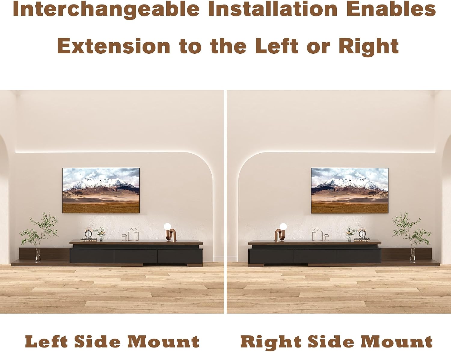 Betterhood Extendable TV Stand with LED Lights (80' - 106'), Wood Entertainment Center for Up to 120' TV, Modern Reversible TV Console with Three Drawers, Living Room, Bedroom, Black & Walnut
