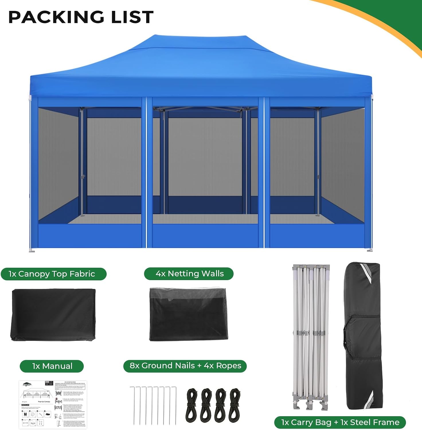 COBIZI 10x15 Heavy Duty Pop Up Canopy Tent with 4 Sidewalls, Commercial Gazebo Party Tent with Mosquito Netting Wall Easy Set Up Outdoor Instant Screen Tent for Backyard, Patio, Garden, Blue