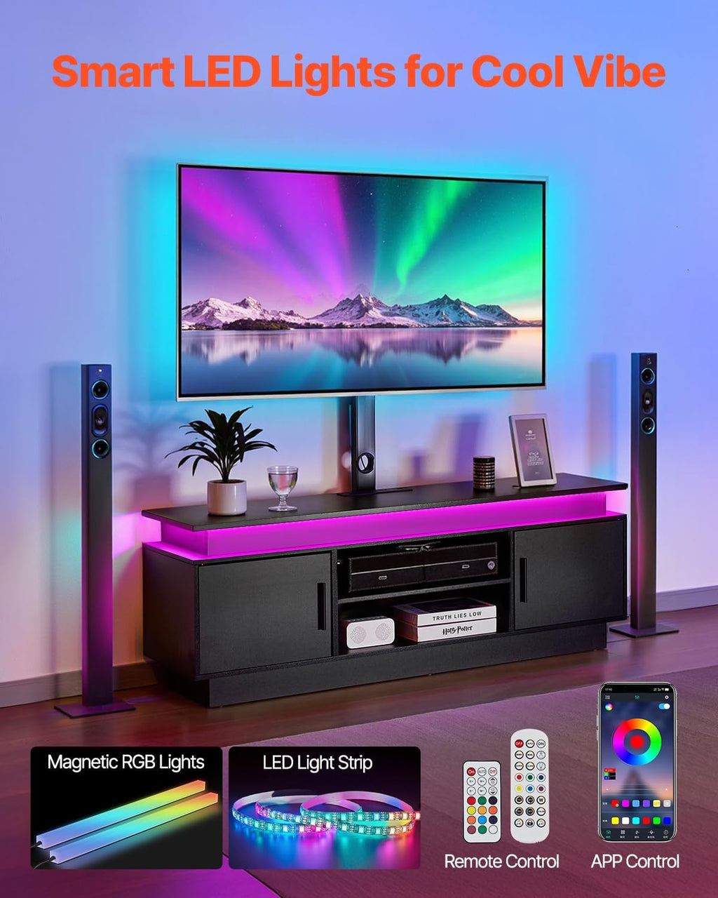 VEVOR 52' TV Stand with Mount for up to 75 in TVs, Entertainment Center with Power Outlet & LED Lights, Height Adjustable TV Console with Mount with 3 Tiers Storage Cabinets for Bedroom, Living Room