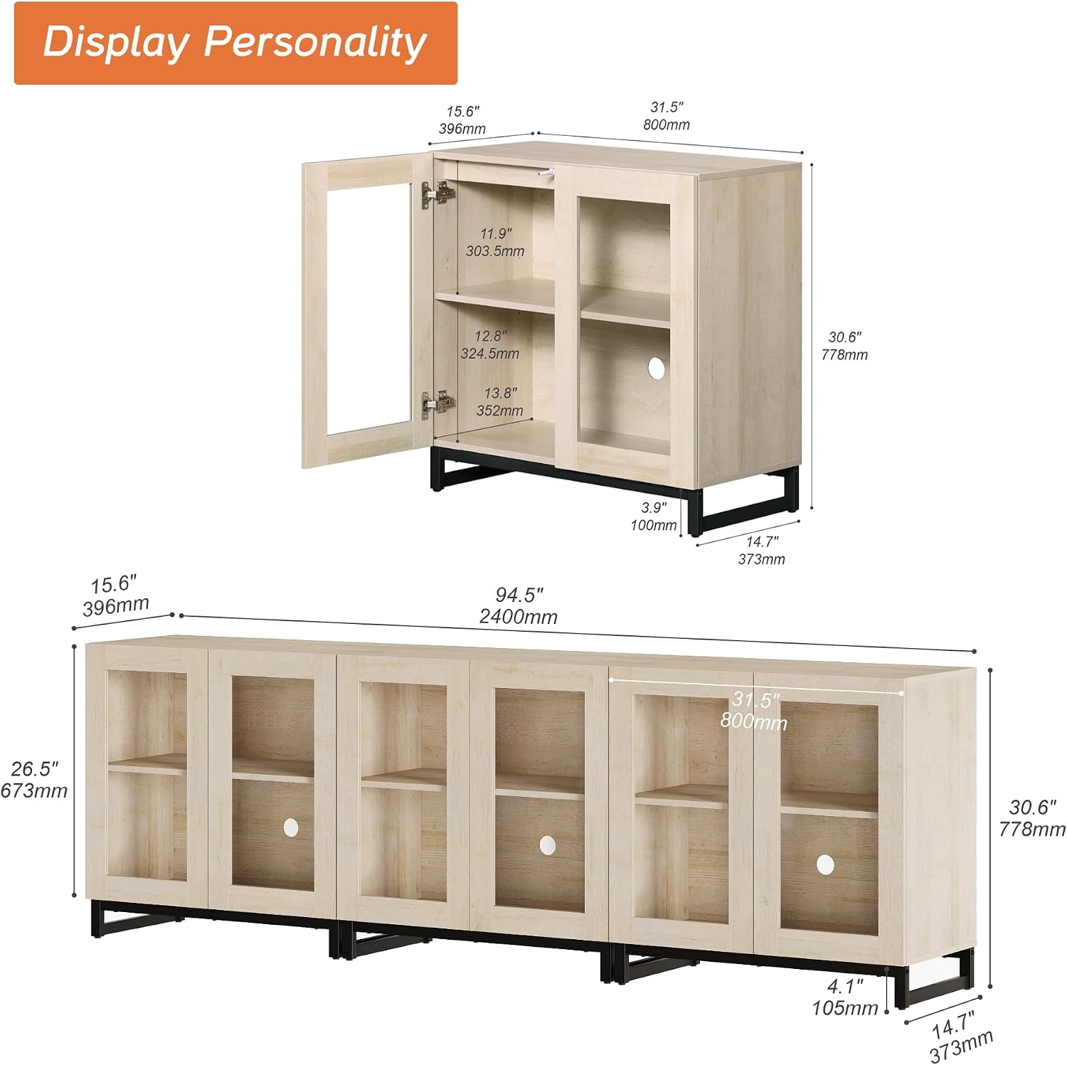 WAMPAT Modern TV Stand with Glass Doors for 70-100 inch TVs, 3 in 1 Entertainment Center Console with Adjustable Shelves and Metal Base for Living Room, Bedroom, Beige