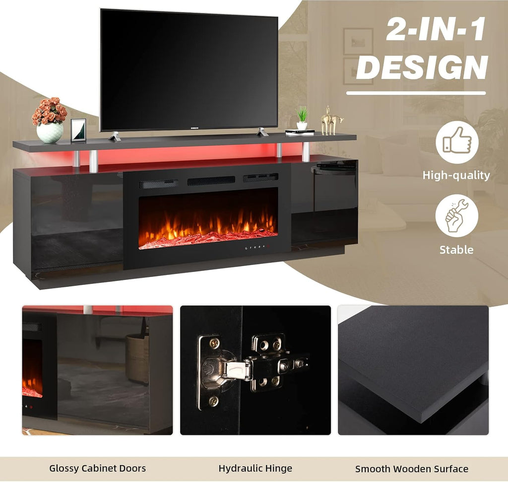 EROMMY 70'' Fireplace TV Stand with 36'' Electric Fireplace, Entertainment Center with 12 Flame Fireplace Insert Heater and 16 Color Led Lights, TV Console for TVs up to 80'' for Living Room, Black