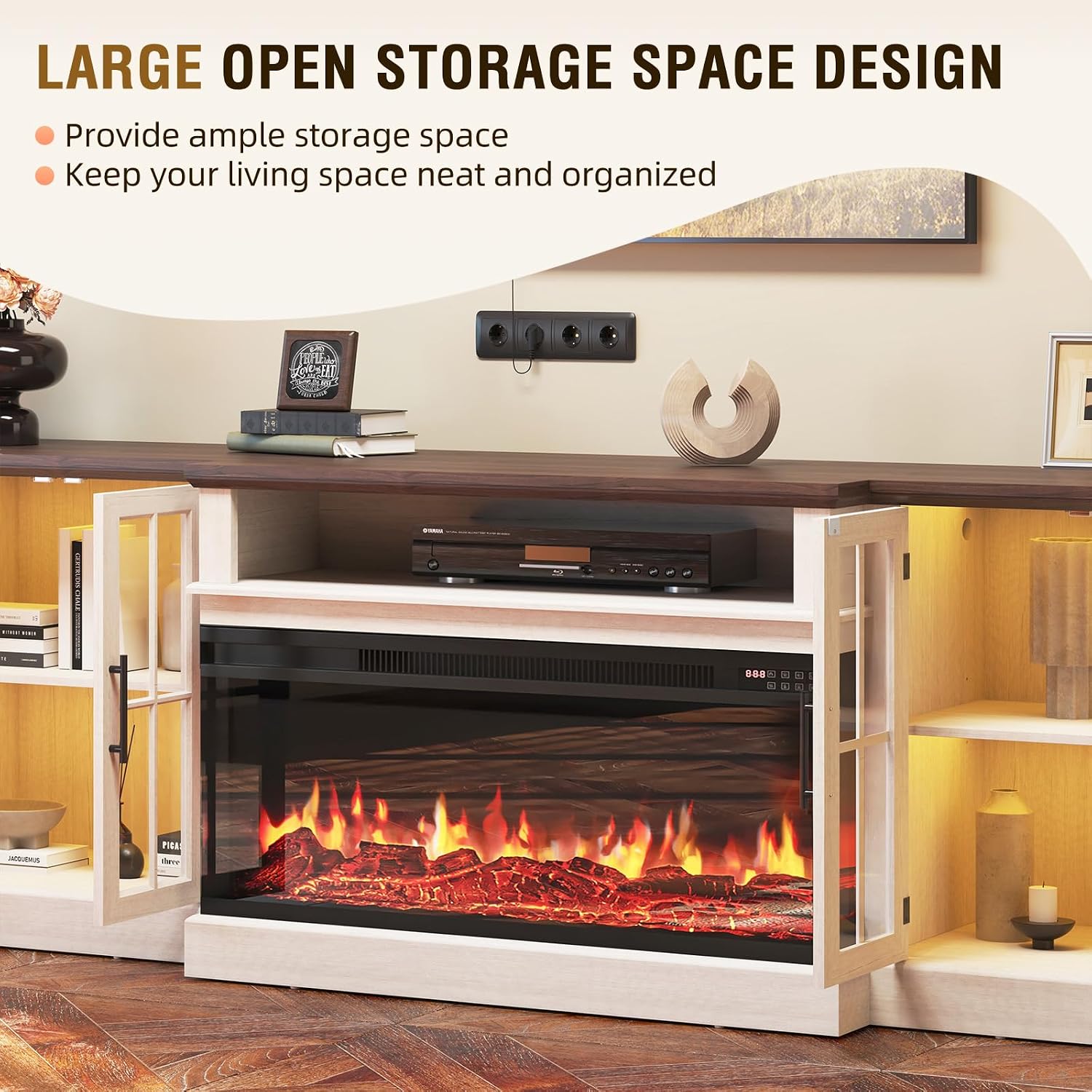 87' Farmhouse TV Stand with 36' Fireplace for TVs up to 90', Media Entertainment Center with Adjustable Shelves and Large Storage Cabinets, for Living Room, White & Black