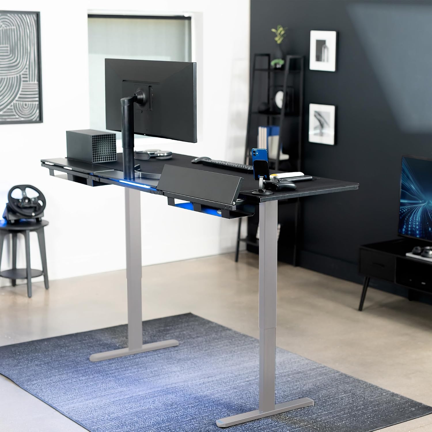 VIVO Electric 71 x 30 in Standing Adjustable Gaming Desk with Hidden Cable Trays, Full-Size Mouse Pad, Holds 220 lbs, Black Top Gray Frame, DESK-KIT-1G6-P3B-71