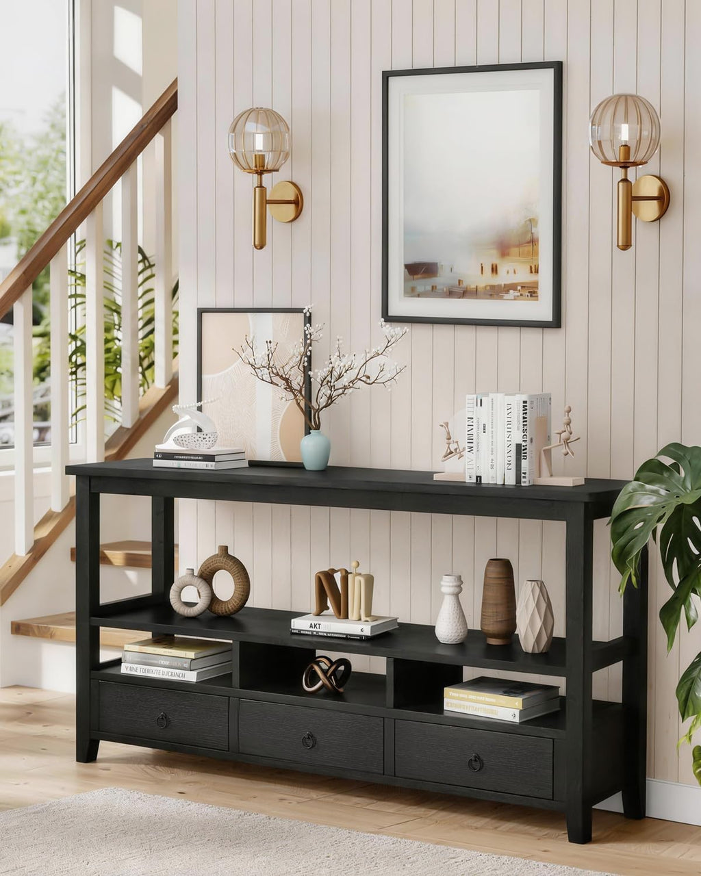 Karl home Console Table with 3 Bottom Drawers, 57.9' W Sofa Side Table Entryway Desk with 3 Storage Cubbies 1 Open Shelf, Vintage TV Stand for Hallway Living Room Office, Black 29.9' H