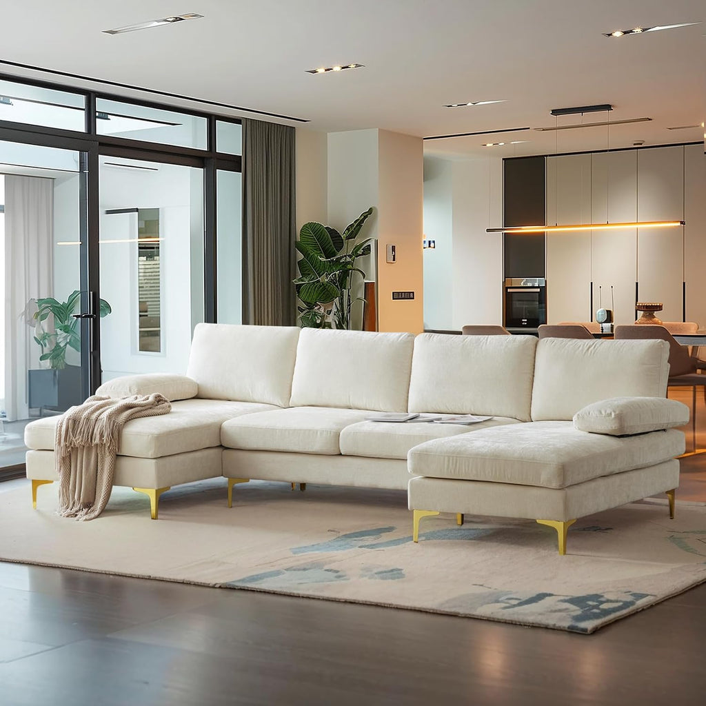 VINGLI 110' Large U-Shape Sectional Sofa Couch with 51' D Double Chaise for Living Room, Modern Sectional Couch Set with Soft 5.9' Thickness Seating Padding, Chenille Fabric,Metal Gold Legs(Beige)