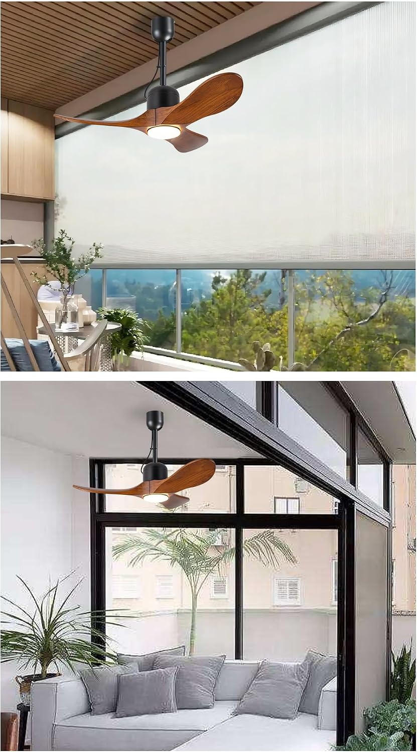 34 Inch Outdoor Ceiling Fan with Light and Remote, Wet Rated Wood Gazebo Fan with 16ft Plug-in Cord, 3 Walnut Blades Farmhouse Patio Fan, Reversible DC Motor, Memory Function, Matte Black