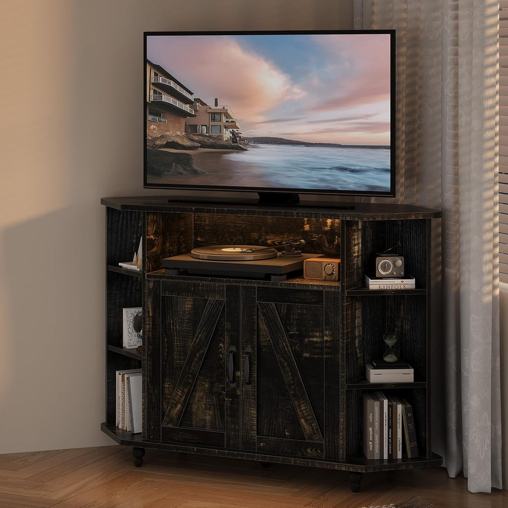 4 EVER WINNER Corner TV Stand with Led Light for 50 Inch TV, Corner Entertainment Center with Open Storage, Adjustable Shelves, TV Stands for Living Room, Bedroom, Rustic Oak