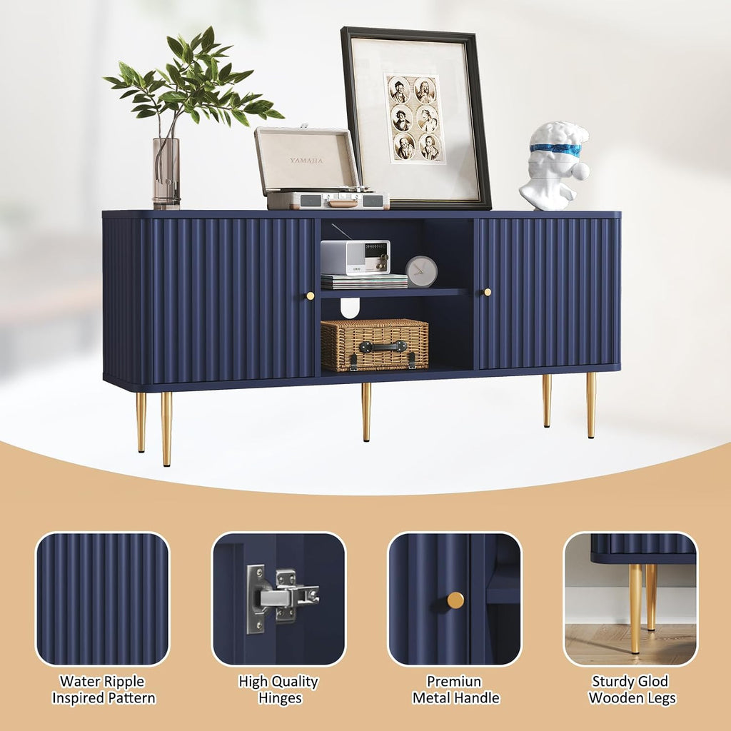 ARTPOWER 55' Fluted TV Stand, Mid Century Modern Blue TV Stand for 55/60/65 inch TV, Entertainment Center with Storage, Television Stands, TV Console, Media Console for Living Room, Bedroom (Blue)