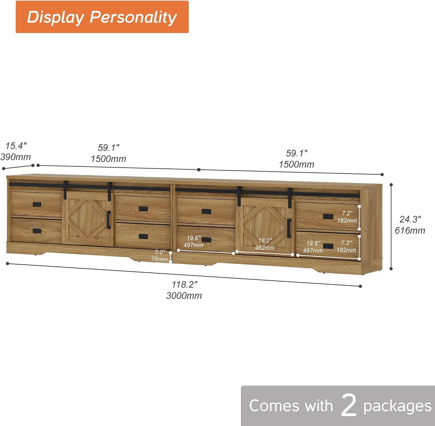WAMPAT 118' Wide Modern Farmhouse 2 in 1 TV Stand for up to 130' TVs,Faux Bark Finish Wood Entertainment Center with 8 Drawers and Sliding Barn Doors for Living Room,Vintage Oak