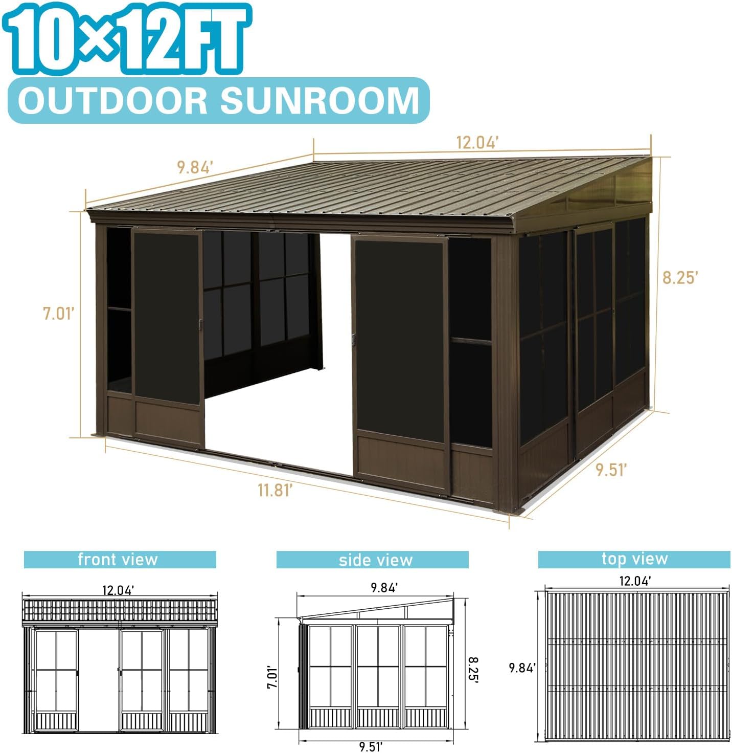 Domi 10x12FT Wall-Mounted Sunroom Gazebo, Aluminum Solarium with Galvanized Steel Sloping Roof, Detachable PVC Screens, Front & Side Sliding Doors, Outdoor Sun Room Lean to Gazebo for Patio Deck Lawn