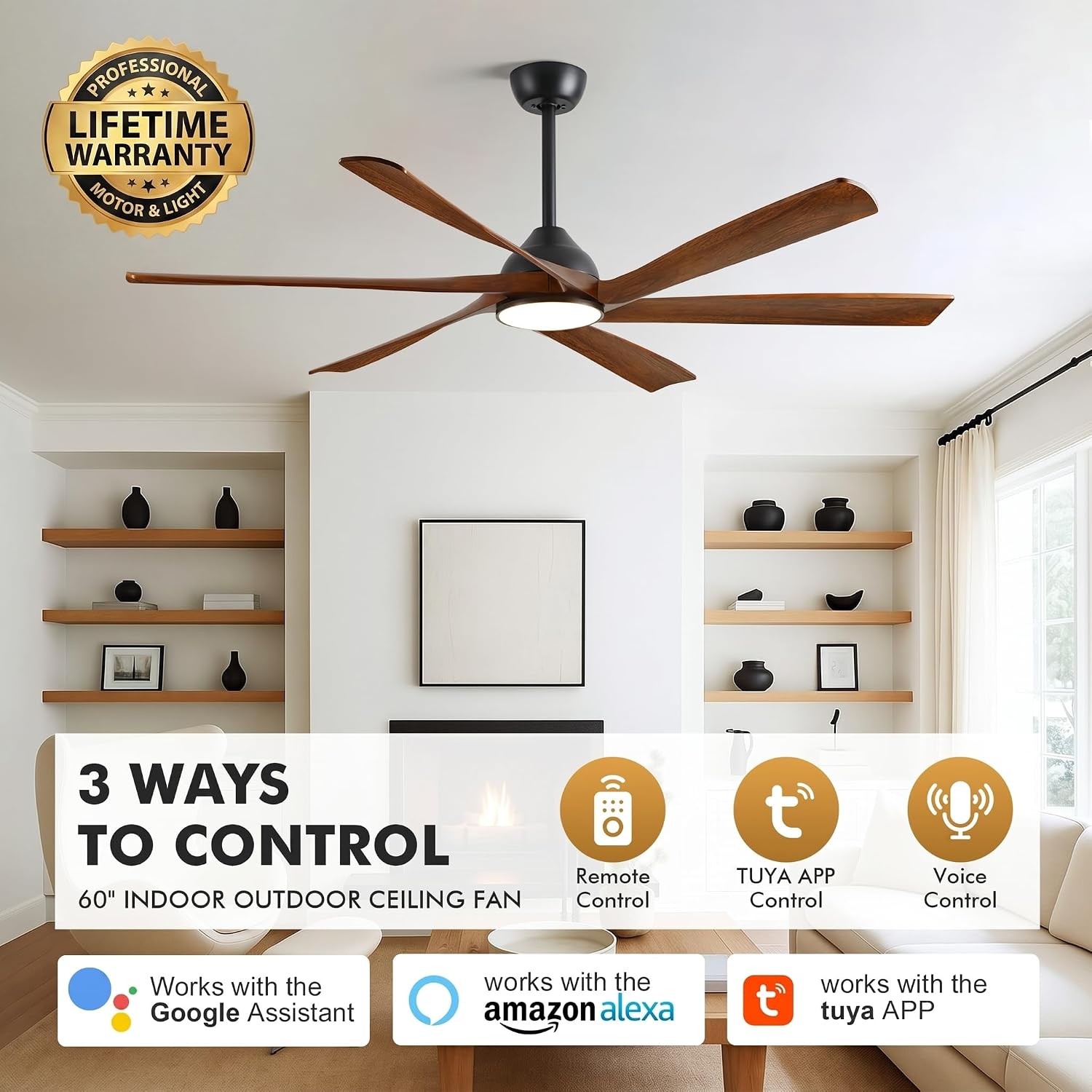 60 Inch Outdoor Ceiling Fan with Light and Remote, Rustic Farmhouse Smart Fan with WiFi App/Alexa Voice Control, 6 Solid Wood Blades, Quiet Reversible DC Motor, Damp Rated for Patio Bedroom