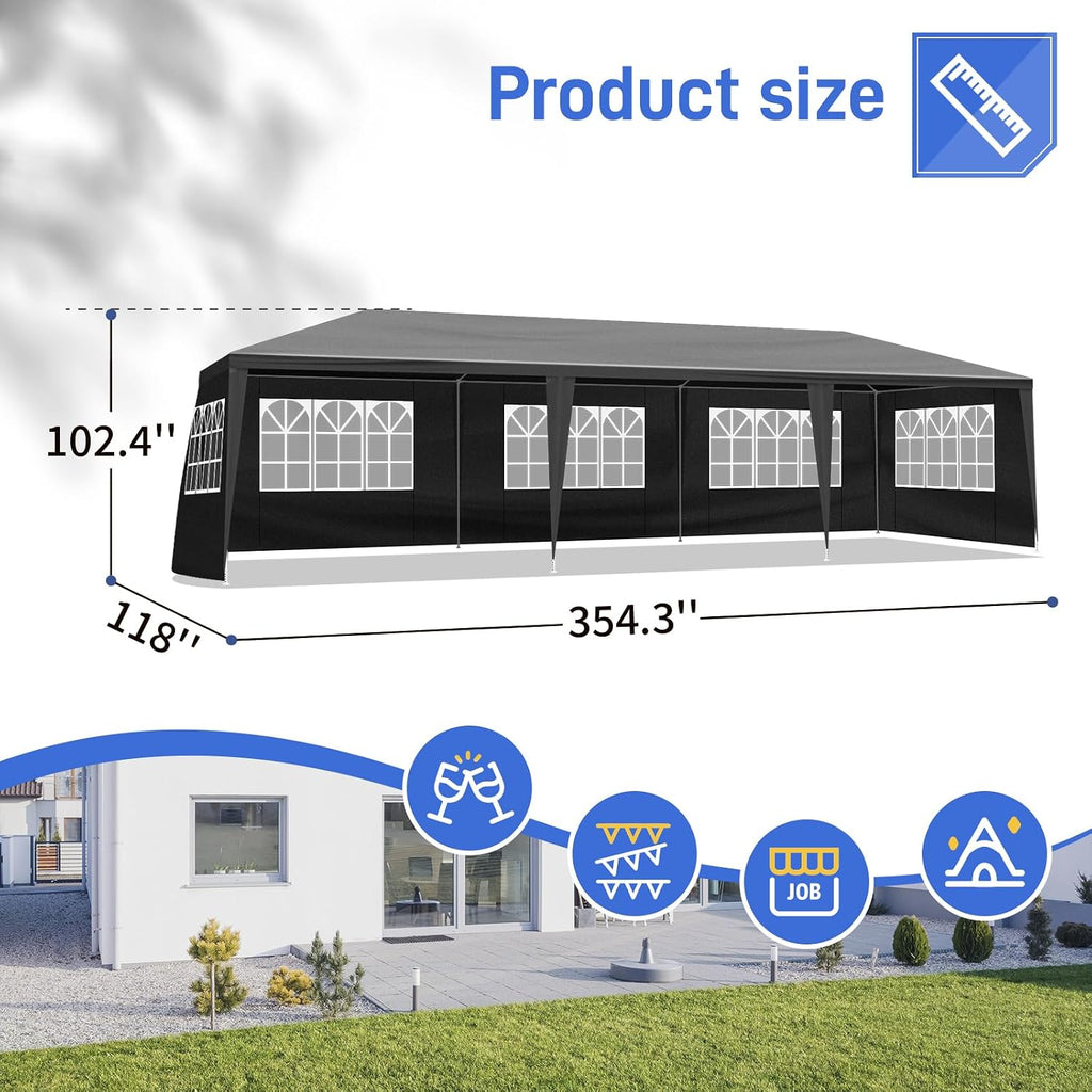10'x30' Party Tent Outdoor Wedding Event Tents with 8 Removable Sidewalls, Heavy Duty Gazebo, Large Canopy Waterproof for Parties Patio Birthday Christmas Black