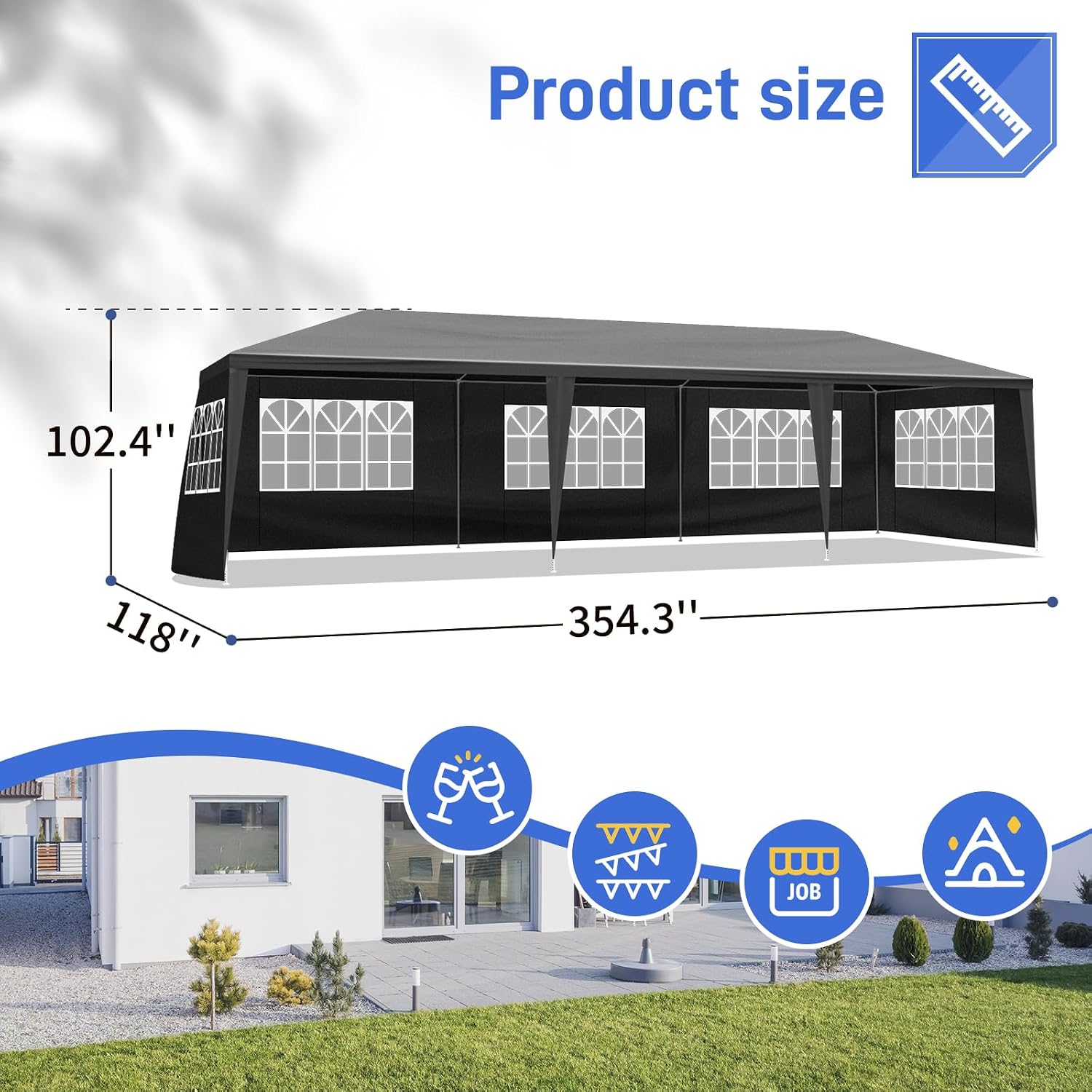 10'x30' Party Tent Outdoor Wedding Event Tents with 8 Removable Sidewalls, Heavy Duty Gazebo, Large Canopy Waterproof for Parties Patio Birthday Christmas Black