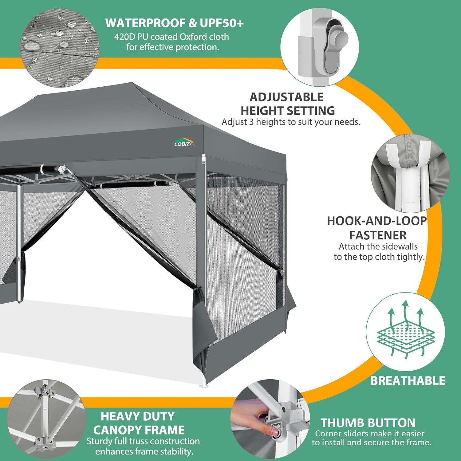 COBIZI 10x15 Heavy Duty Pop up Canopy with 4 Sidewalls, Canopy Tent with Mosquito Netting, Easy up Screen Party Tents for Parties Wedding Patio Backyard Commercial Gazebo with Handbag, Gray