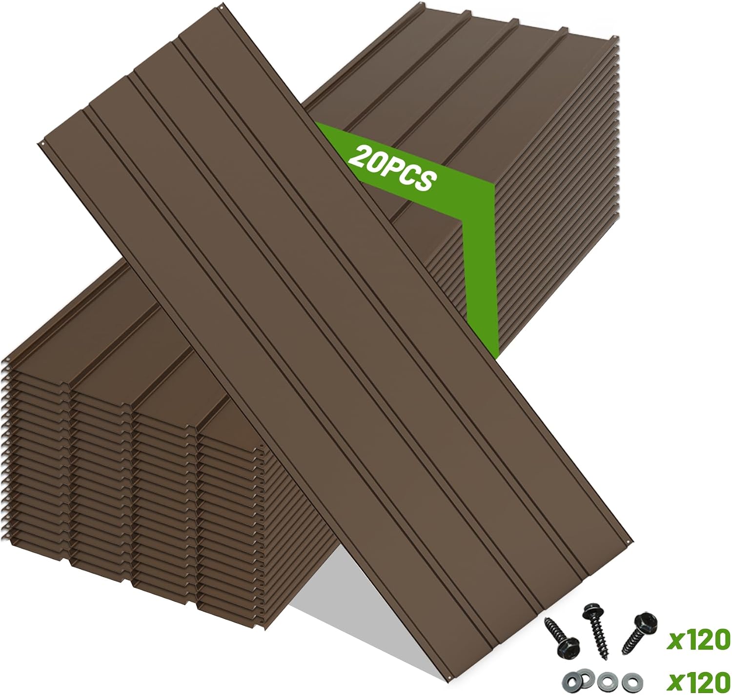 20PCS Metal Roofing Panels, Corrugated Galvanized Roof Panels, Waterproof Metal Siding Panels with 120 Pcs Steel Screws for Pergola, Gazebo, Shed, Garages, Stables and Mobile Homes -Brown