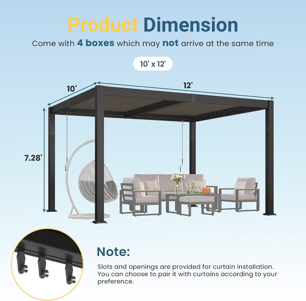 10' x 12' Louvered Pergola, Metal Outdoor Pergola with Adjustable Louvered Roof & Gutter System, Hardtop Patio Gazebo for Backyard, Deck, Garden, Dark Gray