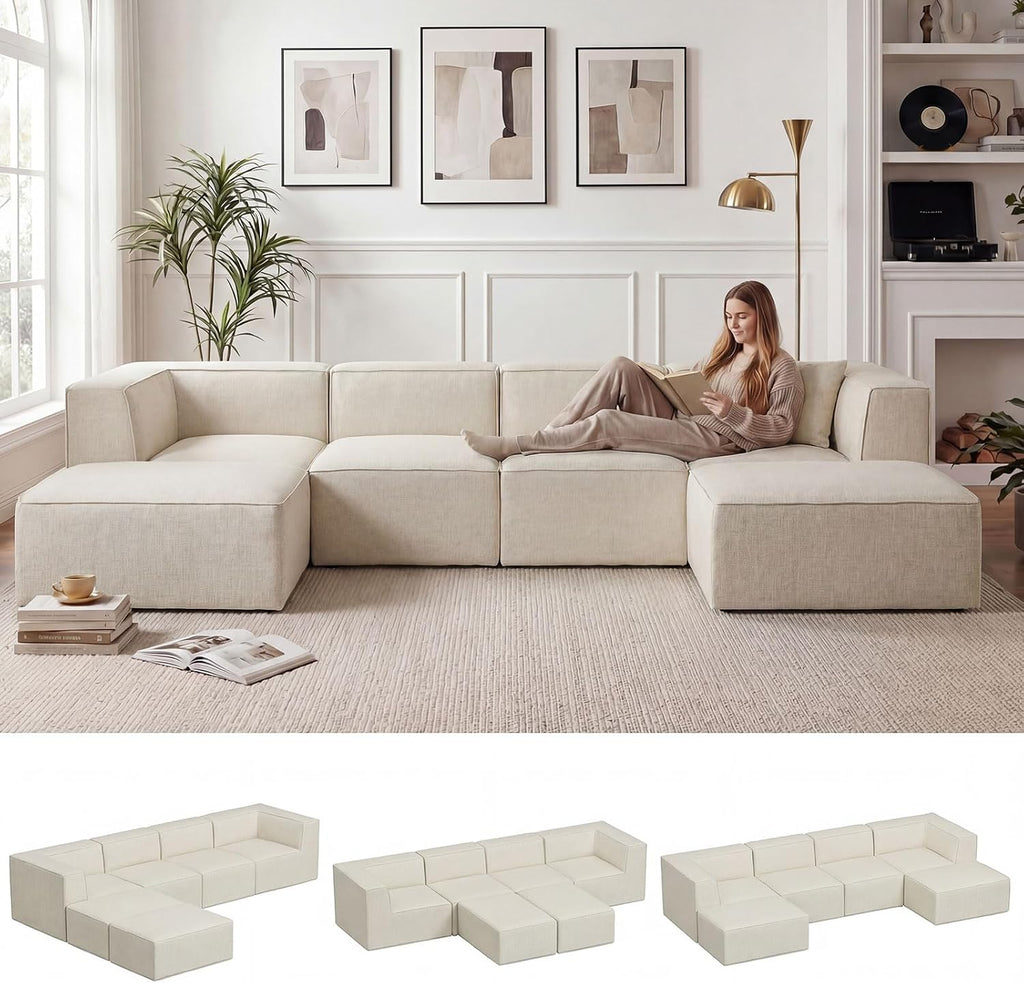 136' 6-Piece Sectional Sofa Modular Couches,L-U-Shaped with Chaise,for Living Room,Compressed Foam No Assembly,for Living Room (2xArmless Corner Ottoman) Fabric Chenille Beige