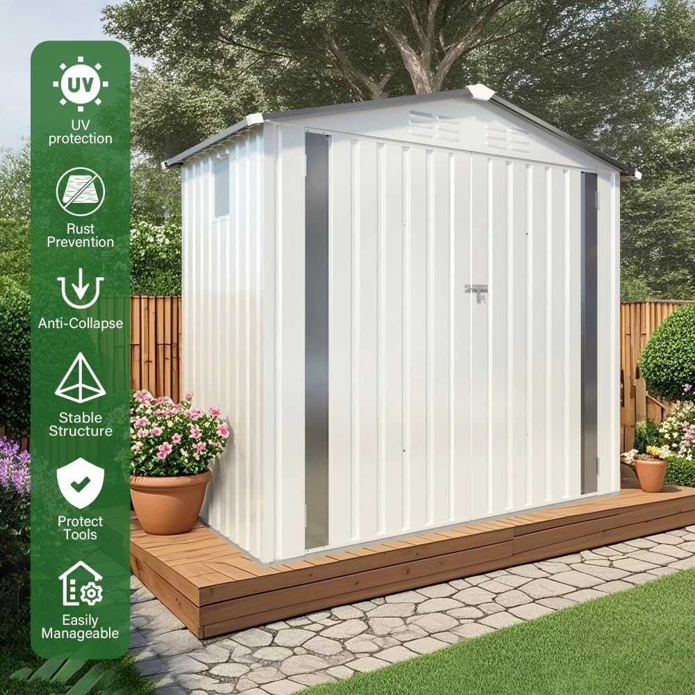 6X3.5 FT Metal Storage Shed Outdoor Tool Shed with Window, Lockable Door & Vents, Waterproof Backyard Garden Storage for Tools, Bikes, Sundries, Patio (White+Gray)