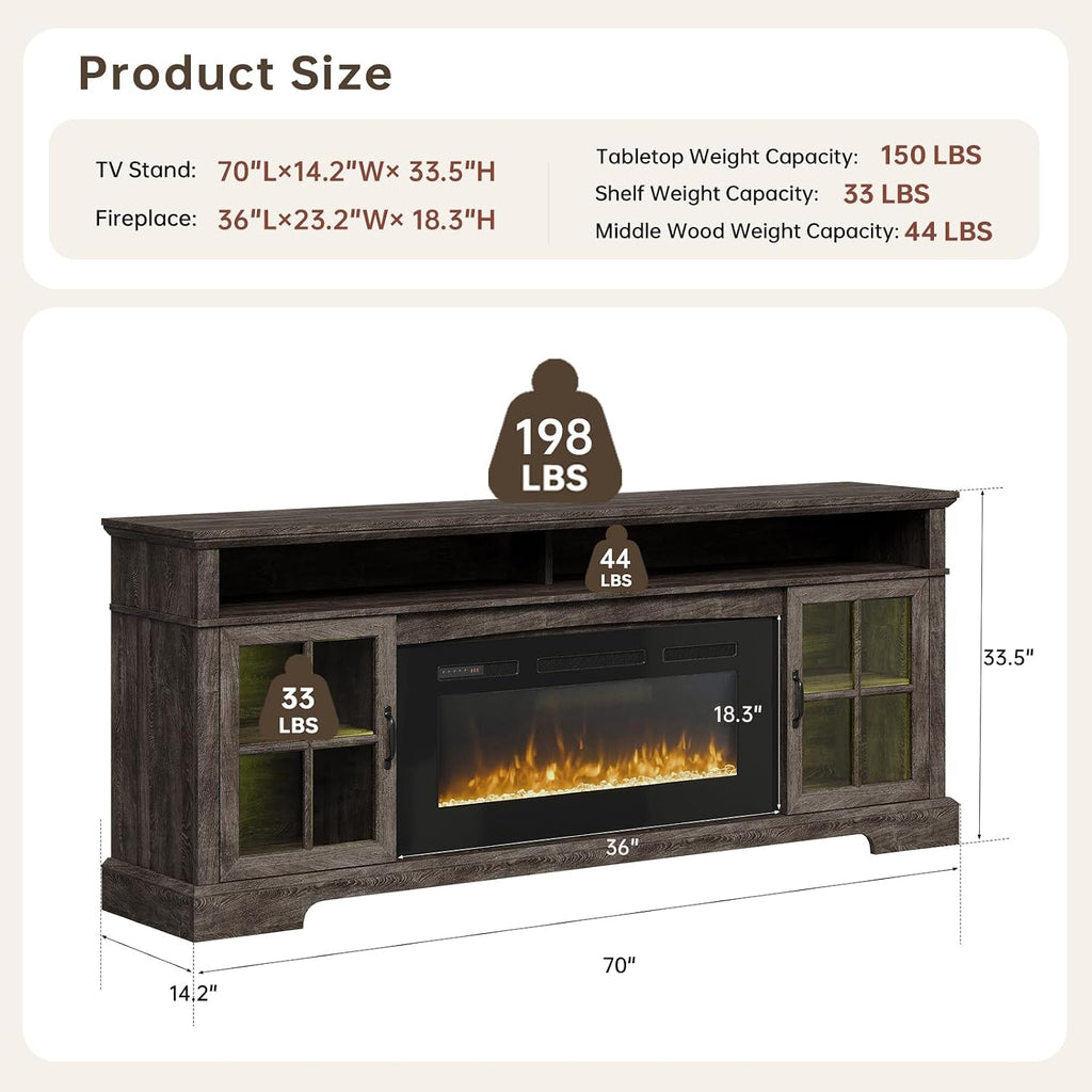70' Farmhouse TV Stand with 36' Fireplace for TVs up to 80', Media Entertainment Center with Adjustable Shelves and Large Storage Cabinets, for Living Room, Gray & Black