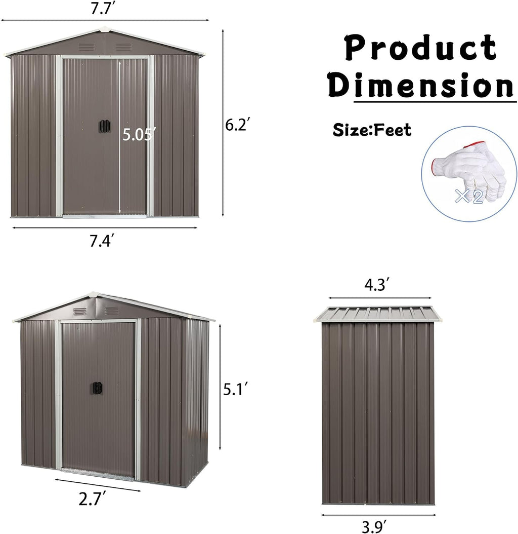 8x4 ft Outdoor Metal Storage Shed with Floor Floor, Lockable Galvanized Steel Tool Shed with Sliding Door and Air Vent, Waterproof Garden Storage House for Backyard, Patio