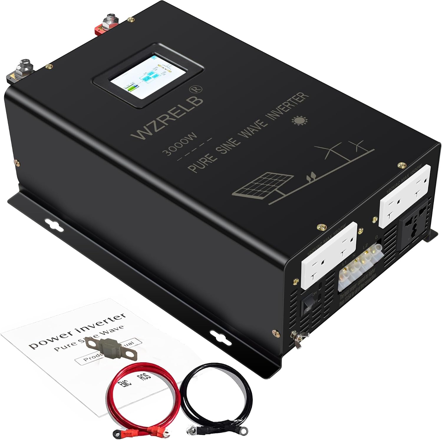 WZRELB 3000W Split Phase Pure Sine Wave Inverter, 48V DC to 120V/240V AC, 4 AC Outlets, Hardwire Terminal, High Efficiency up to 91.6%