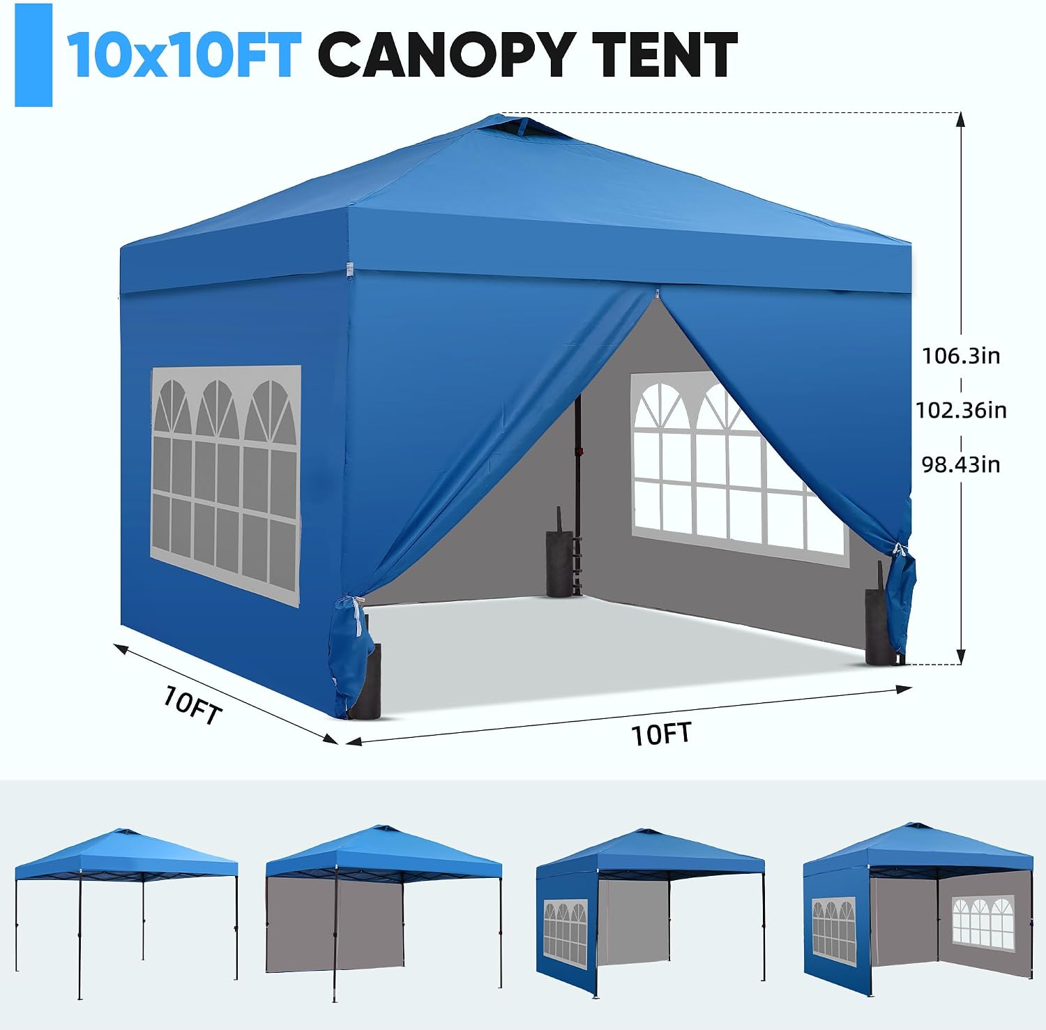 GDY 10x10 Pop Up Canopy Tent with 4 Sidewalls, Easy Set up with One Push Lift Outdoor Silver Coated Beach Gazebos, Carpas with 4 Sandbags, for Events, Parties, and Camping, Navy Blue.