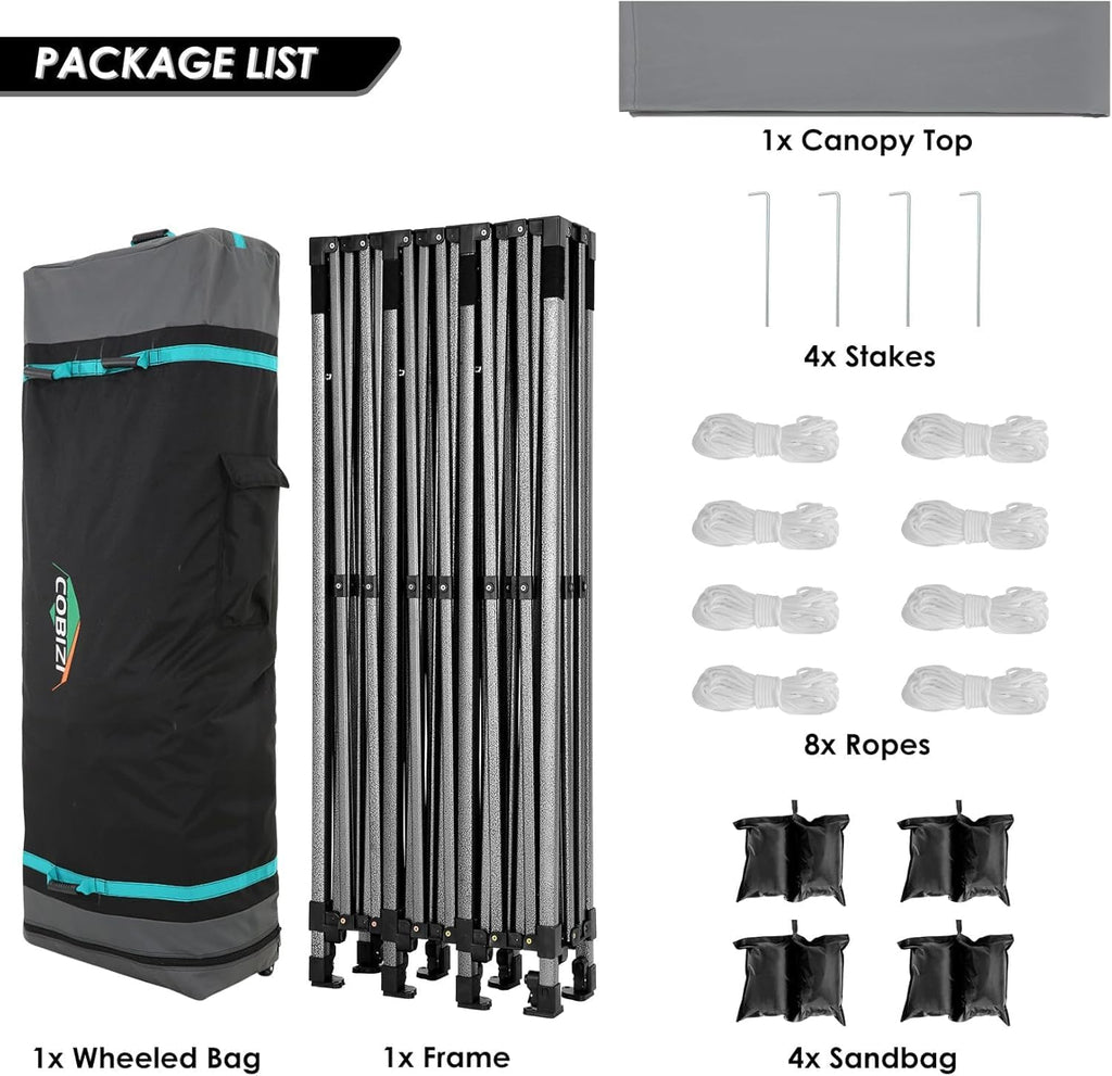 COBIZI 10x30 Heavy Duty Pop up Canopy Party Tent for Parties Weddings Events UPF 50+ Waterproof Commercial Gazebo with Roller Bag, Gray(Frame Thickened)