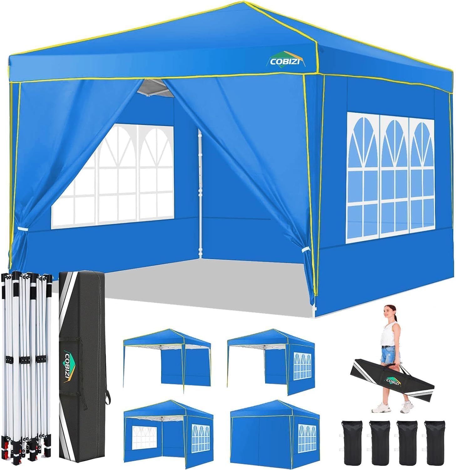 COBIZI 10x10 Pop Up Canopy with 4 Removable Sidewalls, Canopy Tent for Parties Waterproof Wedding Event Tent,Instant Outdoor Gazebos with Church Window,Carry Bag,4 Stakes,Ropes & Sandbags