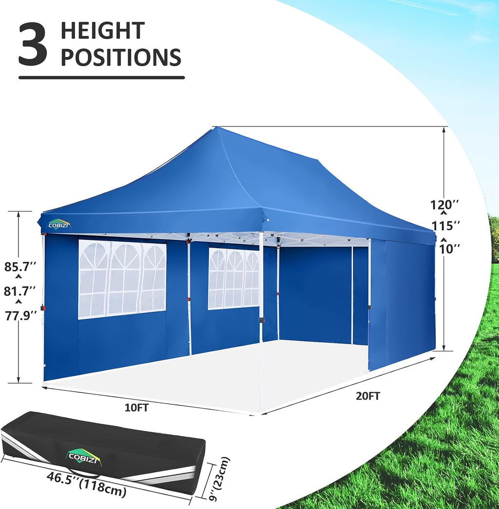 COBIZI 10x20ft Pop Up Canopy Tent with 6 Removable Sidewalls, Easy Up Commercial Canopy, Waterproof and UV50+ Gazebo with Portable Bag, Adjustable Leg Heights,Party Tents for Parties, with 4 Sandbags