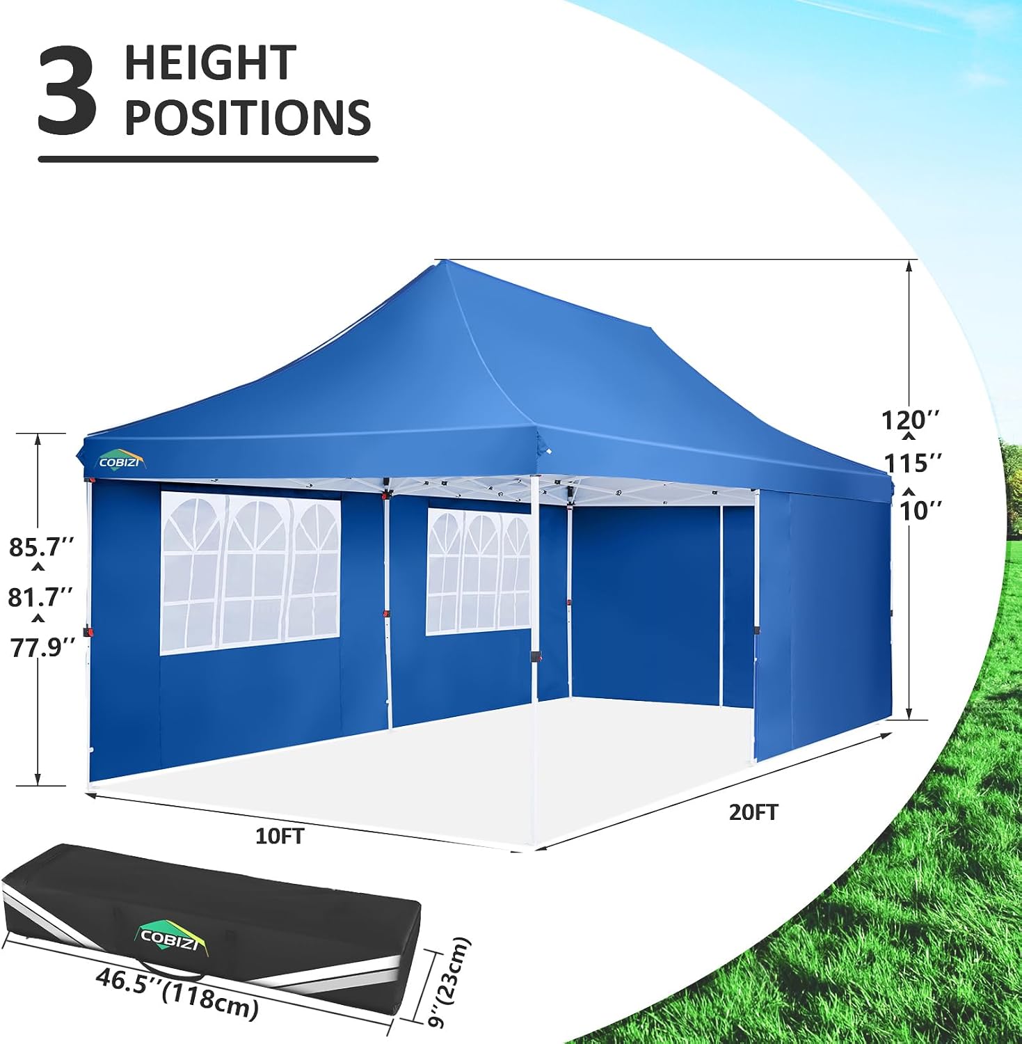 COBIZI 10x20ft Pop Up Canopy Tent with 6 Removable Sidewalls, Easy Up Commercial Canopy, Waterproof and UV50+ Gazebo with Portable Bag, Adjustable Leg Heights,Party Tents for Parties, with 4 Sandbags