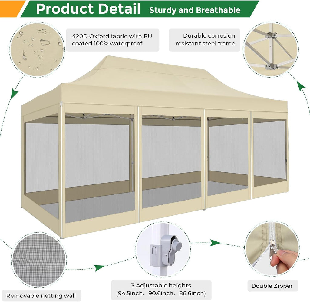 COBIZI 10x20 Heavy Duty Pop Up Canopy Tent with 6 Sidewalls, Easy Set Up Outdoor Waterproof Screen Commercial Party Tent with Mosquito Netting for Parties Backyard Patio, Roller Bag, Khaki