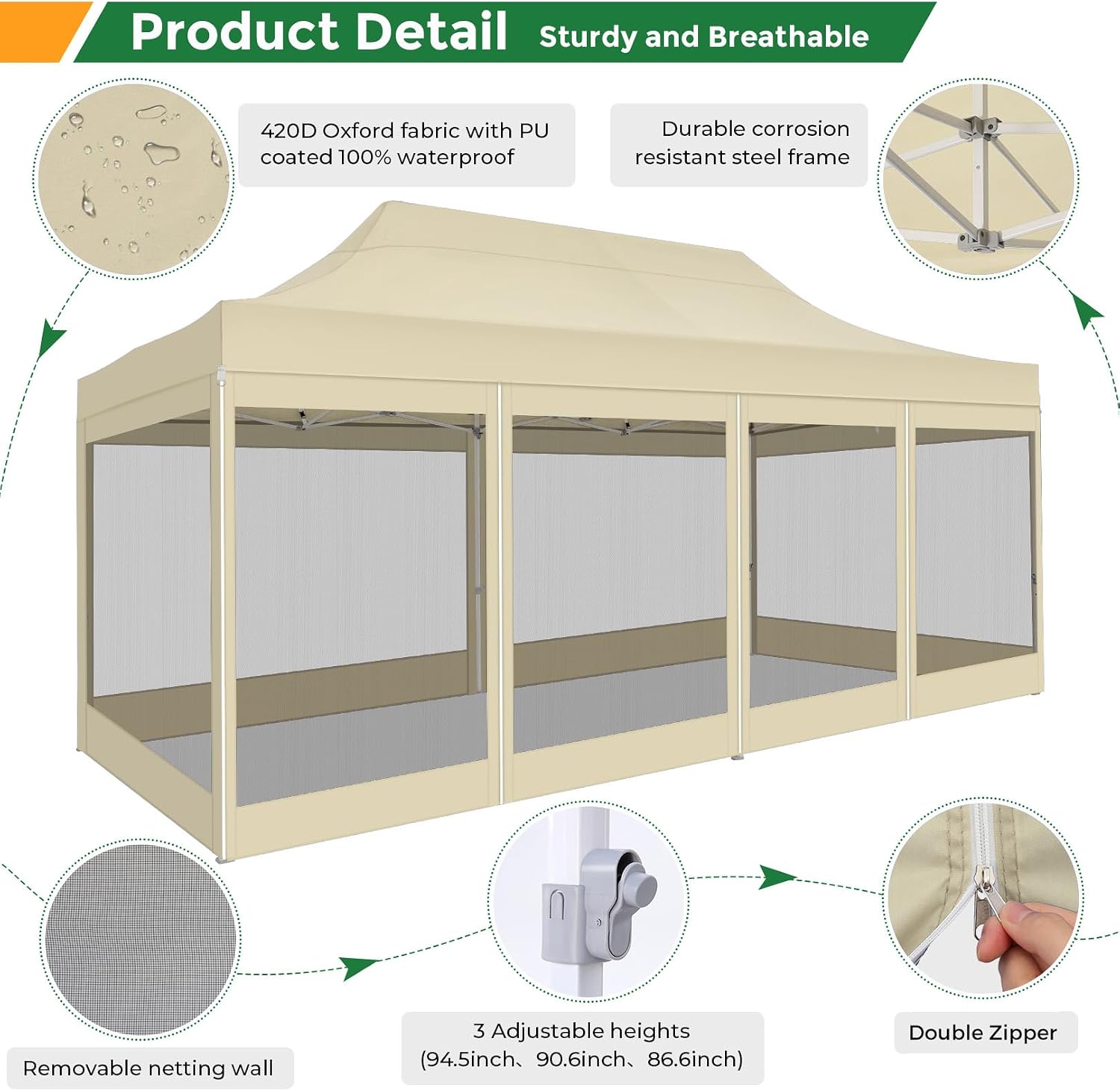 COBIZI 10x20 Heavy Duty Pop Up Canopy Tent with 6 Sidewalls, Easy Set Up Outdoor Waterproof Screen Commercial Party Tent with Mosquito Netting for Parties Backyard Patio, Roller Bag, Khaki