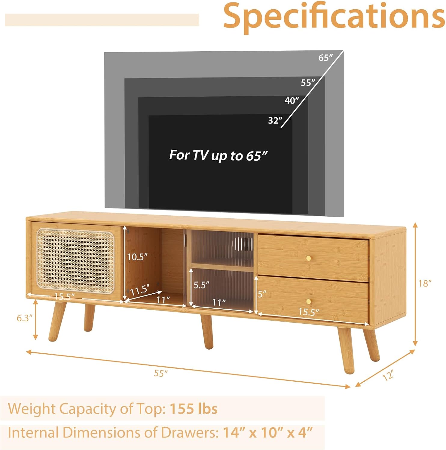 Tangkula Mid Century Modern TV Stand for TVs up to 65', Bamboo Entertainment Center w/Glass & PE Rattan Sliding Doors, 2 Drawers, Adjustable Shelf, Wood Legs, Media Console for Living Room