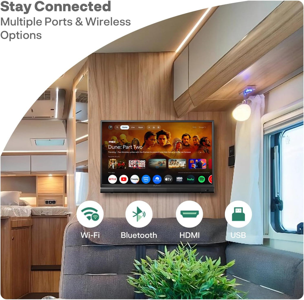 SYLVOX 32-Inch RV TV, 12 Volt Smart TV with Google OS, 178° Wide Viewing, HDMI/USB Ports, AC/DC Power, Voltage Protection for Camper, Motorhome and RV Use