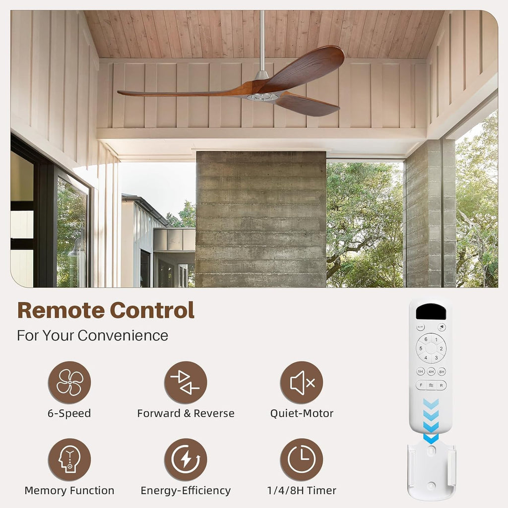 CACI Mall 60' Ceiling Fan no Light, Outdoor Ceiling Fans for Patios Without Lights, Remote Control, Solid Wood 3 Blades, Quiet, Indoor Ceiling Fan for Living Room, Patio, Bedroom, Porch, Farmhouse