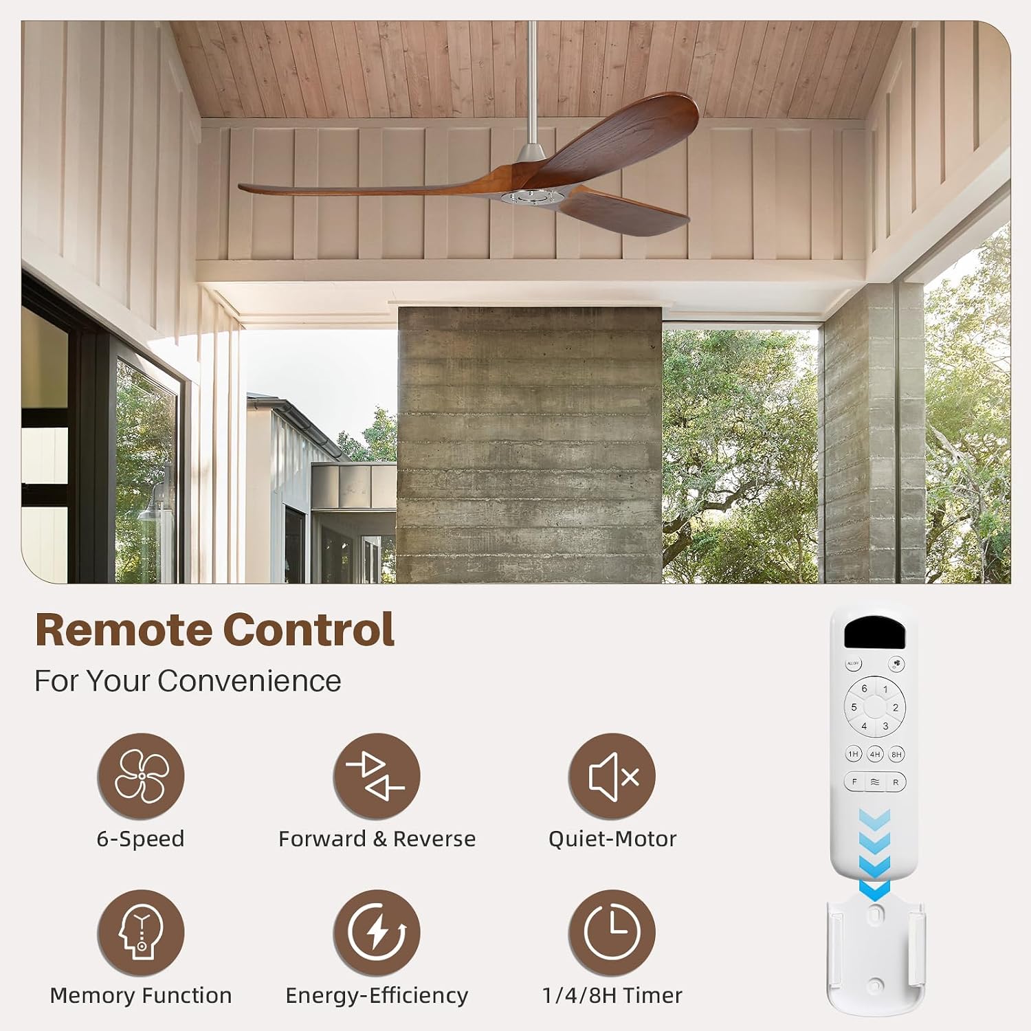 CACI Mall 60' Ceiling Fan no Light, Outdoor Ceiling Fans for Patios Without Lights, Remote Control, Solid Wood 3 Blades, Quiet, Indoor Ceiling Fan for Living Room, Patio, Bedroom, Porch, Farmhouse
