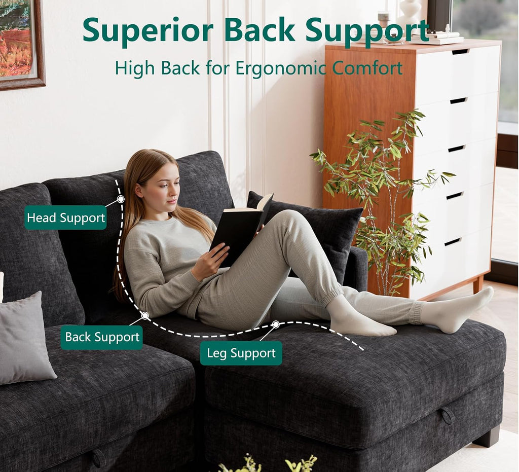 Modular Sectional U Shaped Sofa Couches for Living Room, Cloud Couch with Storage Ottoman, Comfy Chenille Sofa with Pillow, Black