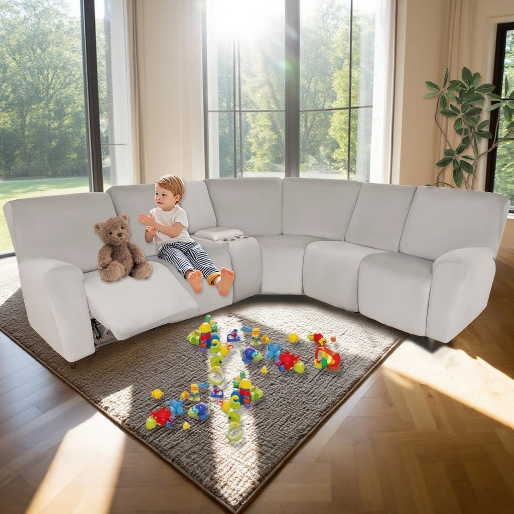 HDCAXKJ Reclining Sectional Couch Covers Velvet L Shaped Sectional Sofa Cover Washable Stretch Soft Corner Recliner Slipcover with Non-Slip Elastic Bottom (5 Seat and 1 Middle Console, Air Gray)