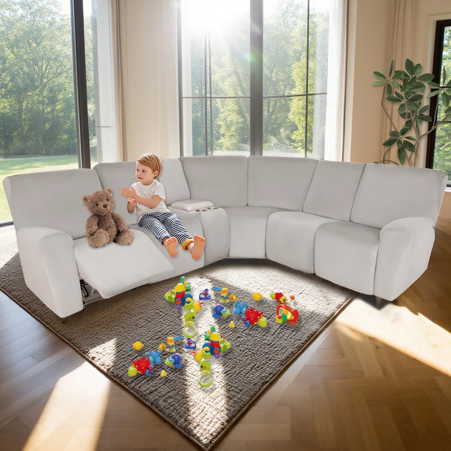 HDCAXKJ Reclining Sectional Couch Covers Velvet L Shaped Sectional Sofa Cover Washable Stretch Soft Corner Recliner Slipcover with Non-Slip Elastic Bottom (5 Seat and 1 Middle Console, Air Gray)