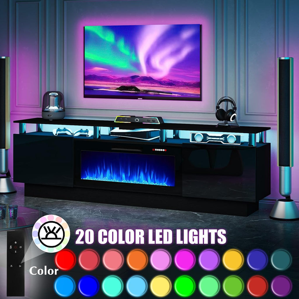 PRETZI 80' Modern Fireplace TV Stand with 36' Electric Fireplace for TVs Up to 90 inch, Luxury LED Light Entertainment Center with High Gloss Cabinet, TV Consoles for Living Room, Black